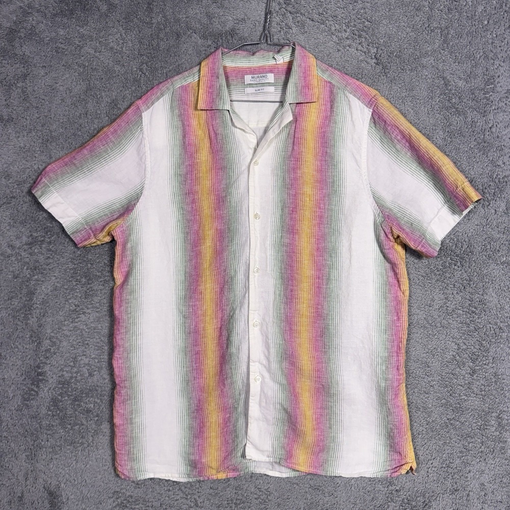 Baird McNutt Linen Shirt Mens L 100% Linen Shadow Stripe Slim Fit Casual Beach